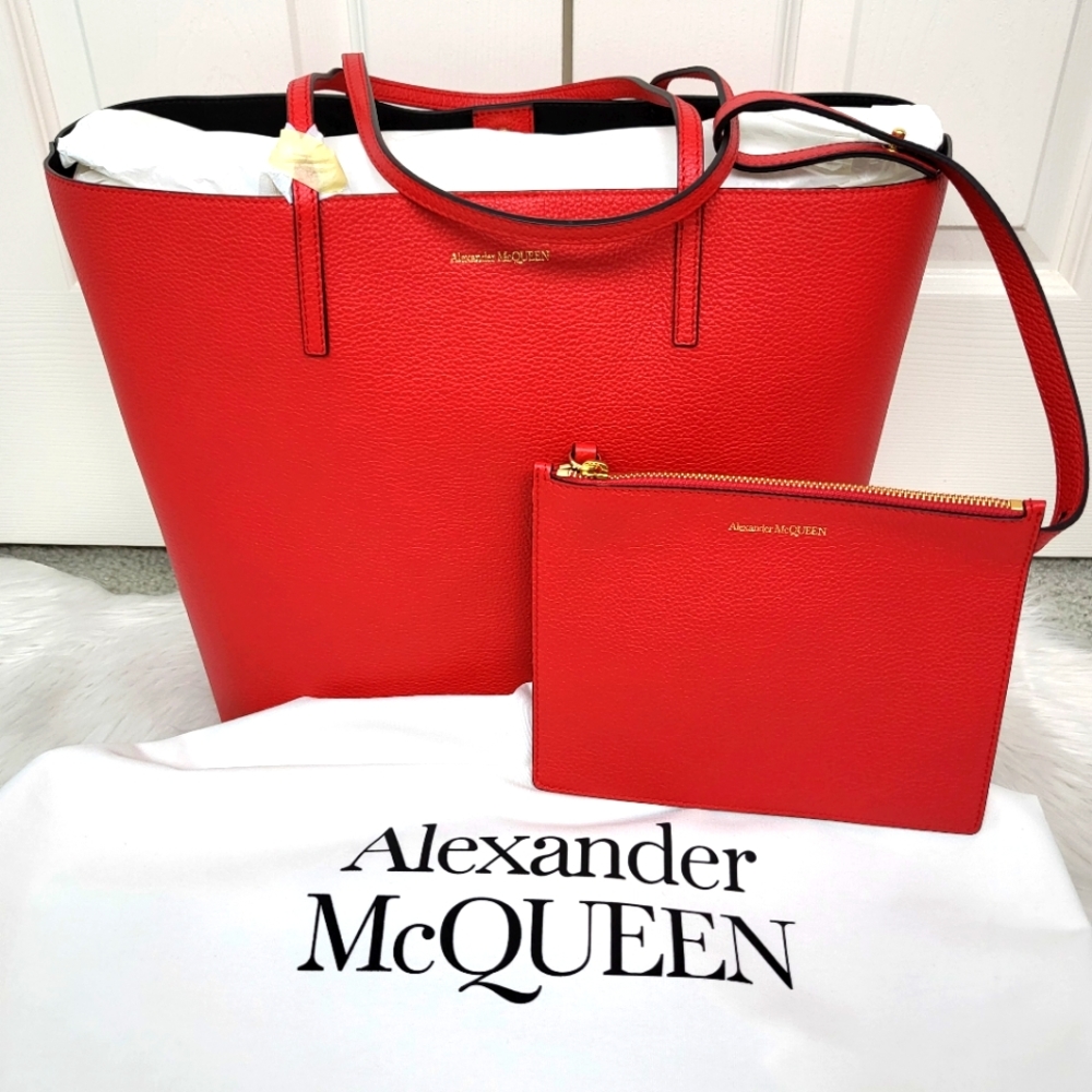 NWT Alexander McQueen Leather Pebbled Large Red Shopper Tote Bag Purse